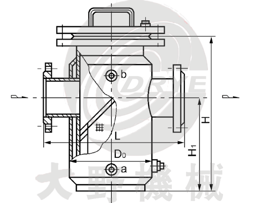 日本大野机械篮式带夹套型法兰连接直通平底式过滤器（DGLJI-F型）产品设计图